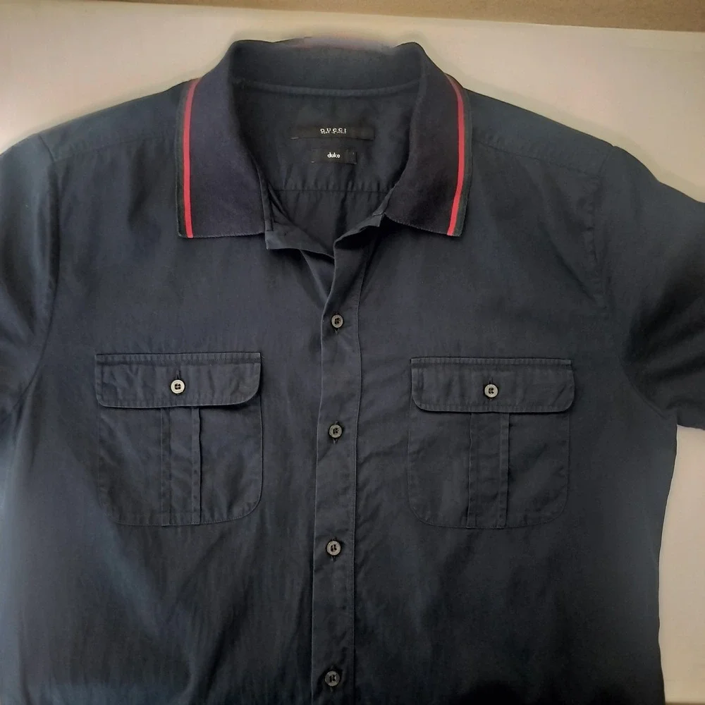 Gucci Duke Mens Navy Blue Web Stripe Collar Short Sleeve Button Down Shirt 15.5